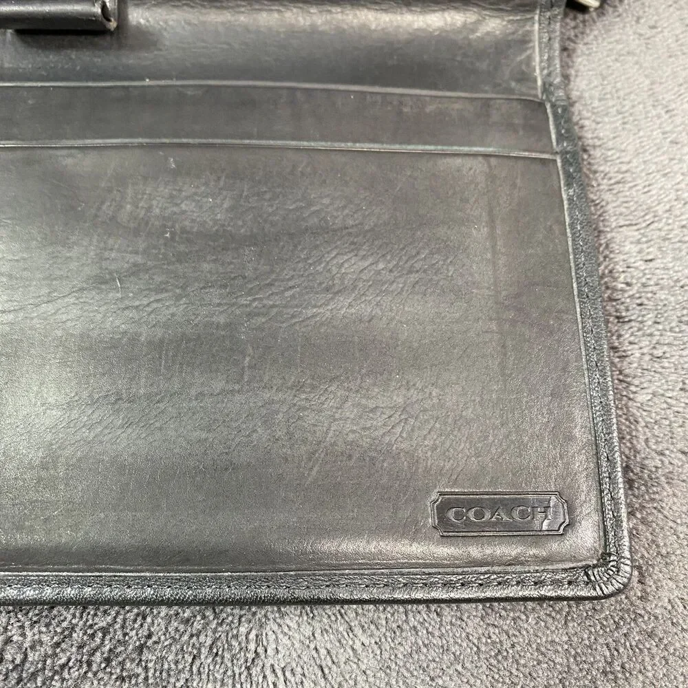 Vintage Coach Legacy Black Leather Trifold Checkbook Wallet Silver Zip Organizer
